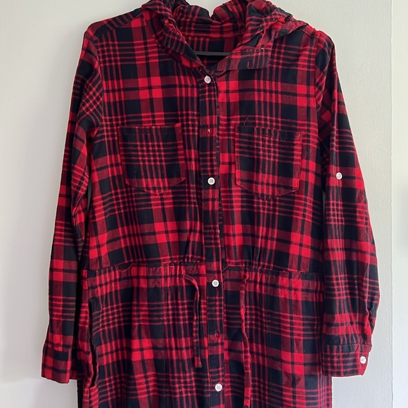 Cozy Plaid Hooded Shirt Dress with Pockets size M - Picture 2 of 3